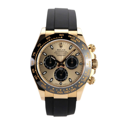 Rolex Daytona 116518LN in Gelbgold mit Champagner-Zifferblatt und schwarzem Oysterflex-Band, 2018 Modell.