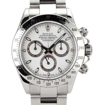 Rolex Daytona Edelstahl 116520 Weiß mit chronographischen Funktionen und Saphirglas, poliertem Armband und weißem Zifferblatt.