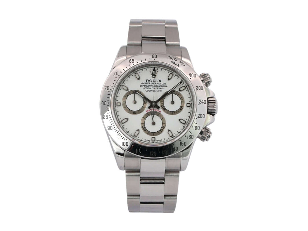 Rolex Daytona Edelstahl 116520 Weiß, Chronograph mit weißem Zifferblatt, polierte und satinierte Edelstahlgehäuse und Armband, Tachymeterlünette.