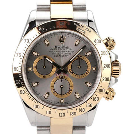 Rolex Daytona Cosmograph 116523 in Stahlgrau mit Edelstahl- und Gelbgoldarmband und polierter Lünette.