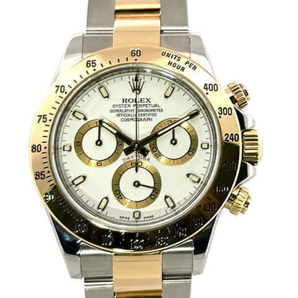 Rolex Daytona Edelstahl Gelbgold 116523 Weiß 2012 mit poliertem Gehäuse, 18 kt Gelbgold Lünette, weißem Zifferblatt und Oyster Armband