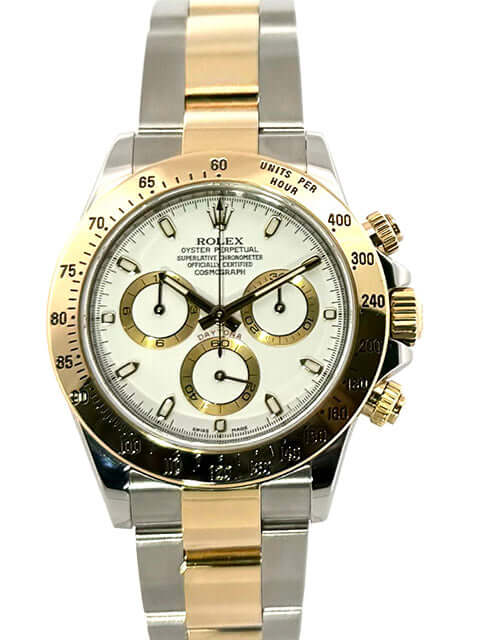 Rolex Daytona Edelstahl Gelbgold 116523 Weiß 2012 mit poliertem Gehäuse, 18 kt Gelbgold Lünette, weißem Zifferblatt und Oyster Armband