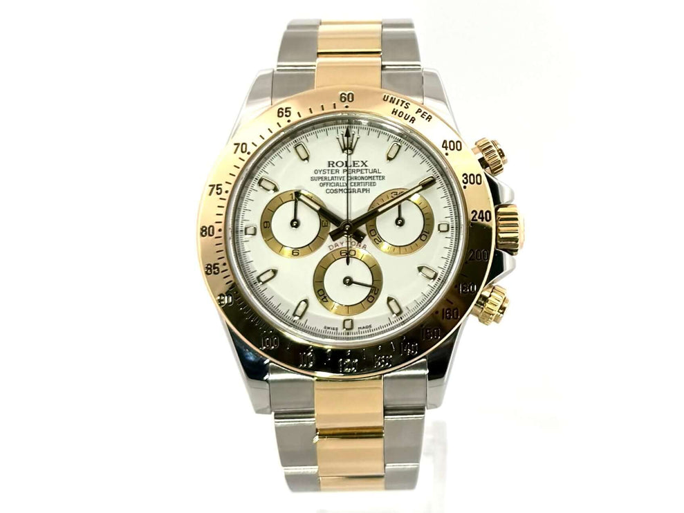 Rolex Daytona Edelstahl Gelbgold 116523 Weiß, 18 kt Gelbgold Lünette, weißes Zifferblatt, poliertes Edelstahlarmband, Automatik-Chronometer, Saphirglas