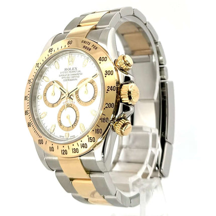 Rolex Daytona Edelstahl Gelbgold 116523 mit weißem Zifferblatt, poliertem und satiniertem Gehäuse, 18 kt Gelbgold Lünette, Automatikwerk