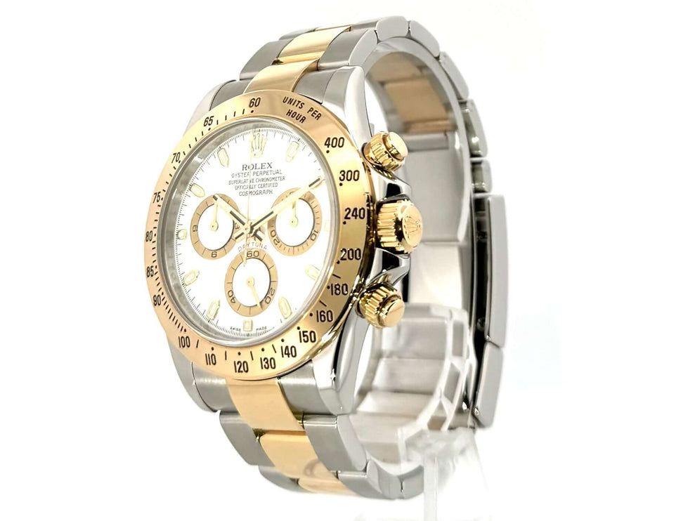 Rolex Daytona Edelstahl Gelbgold 116523 mit weißem Zifferblatt, poliertem und satiniertem Gehäuse, 18 kt Gelbgold Lünette, Automatikwerk