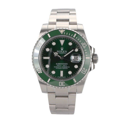 Rolex Submariner Date LV 116610LV Uhr mit grünem Zifferblatt, Edelstahlgehäuse und Oysterband.