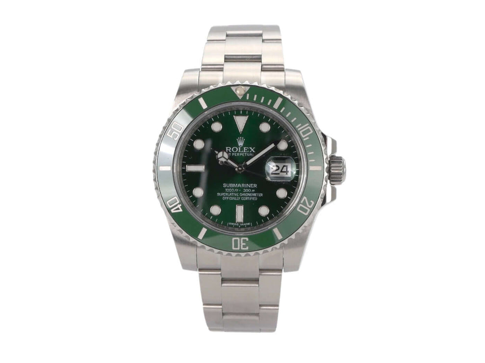 Rolex Submariner Date LV 116610LV Uhr mit grünem Zifferblatt, Edelstahlgehäuse und Oysterband.