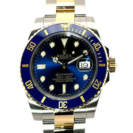 Rolex Submariner Date 116613LB Uhr, Edelstahl und 18 kt Gelbgold, blaues Zifferblatt, drehbare Lünette, Oyster Armband, 2014 Modell