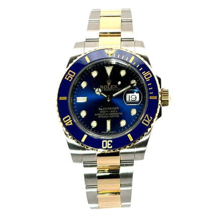 Rolex Submariner Date 116613LB Edelstahl Gelbgold aus 2014, blaues Zifferblatt, drehbare Lünette, Oyster Armband.