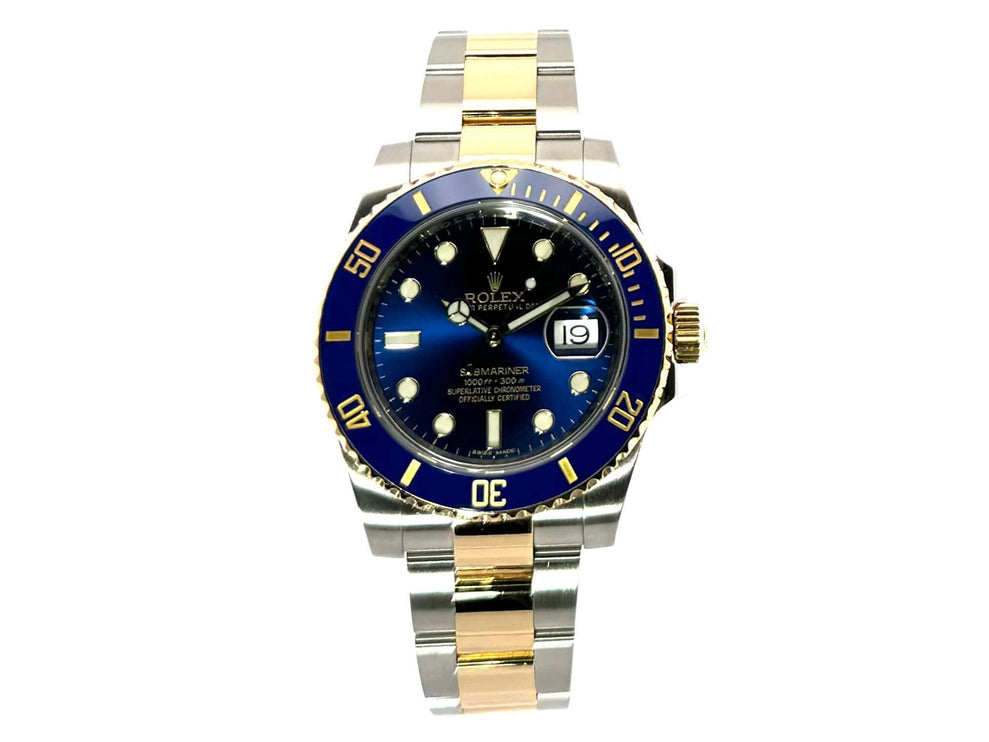 Rolex Submariner Date 116613LB Edelstahl Gelbgold aus 2014, blaues Zifferblatt, drehbare Lünette, Oyster Armband.