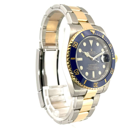 Rolex Submariner Date 116613LB Edelstahl Gelbgold 2014, blaues Zifferblatt, drehbare Lünette, 40 mm Gehäuse, Oyster Armband