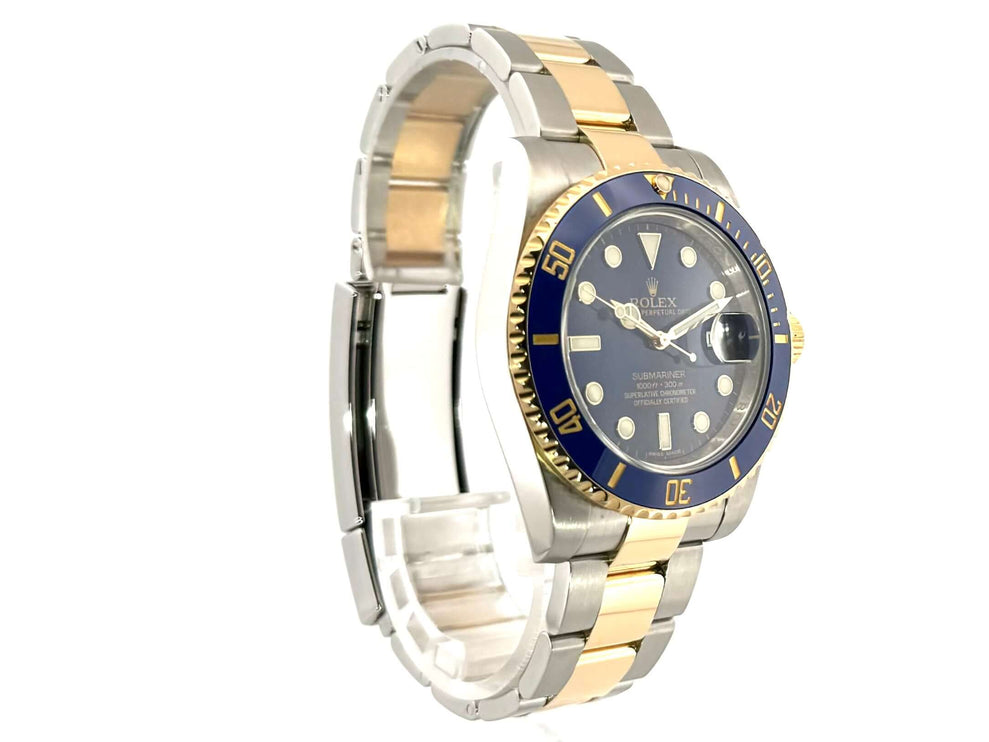 Rolex Submariner Date 116613LB Edelstahl Gelbgold 2014, blaues Zifferblatt, drehbare Lünette, 40 mm Gehäuse, Oyster Armband