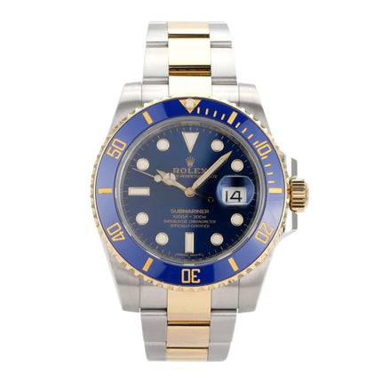 Rolex Submariner Date Edelstahl Gelbgold 116613LB mit blauer Lünette und schwarzem Zifferblatt, 40mm Gehäuse.