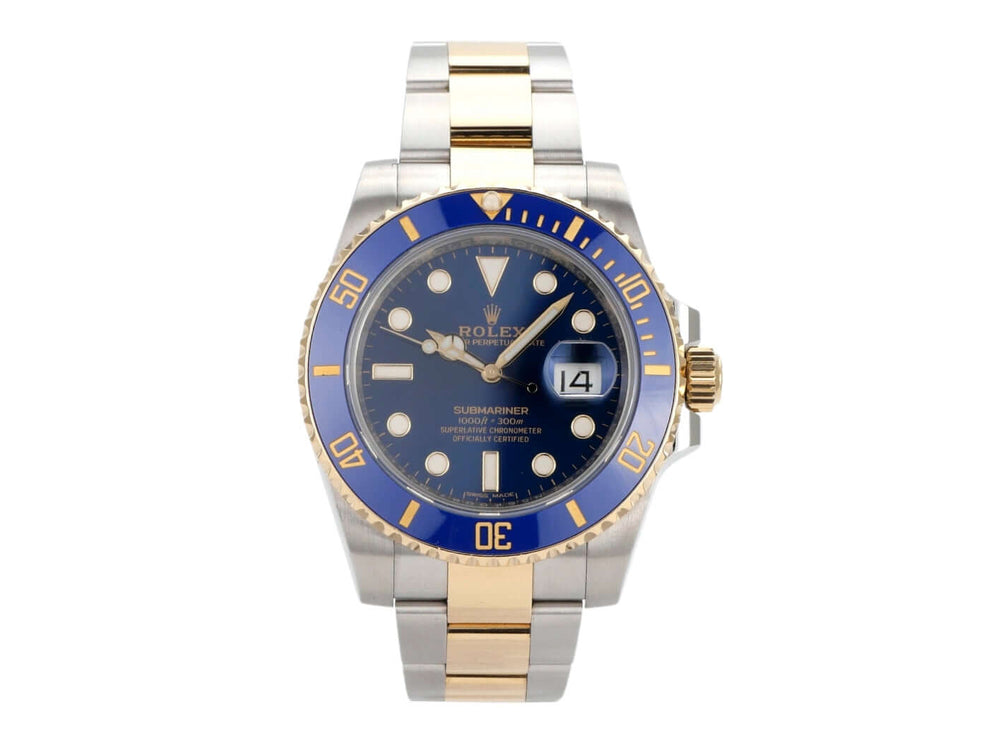 Rolex Submariner Date Edelstahl Gelbgold 116613LB mit blauer Lünette und schwarzem Zifferblatt, 40mm Gehäuse.