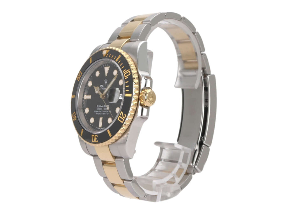 Rolex Submariner Date Edelstahl Gelbgold 116613LN Armbanduhr, zweifarbiges Design mit schwarzer Keramiklünette, seitliche Ansicht.