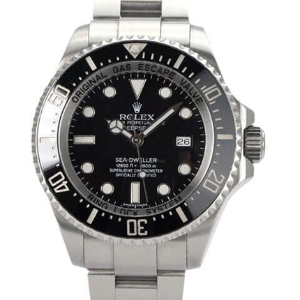 Herrenuhr Rolex Sea-Dweller Deepsea 116660 mit schwarzem Zifferblatt, Edelstahlgehäuse und Oyster-Armband.