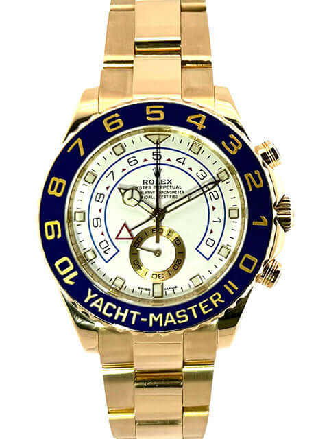 Rolex Yacht-Master II Gelbgold 116688, 44 mm Gehäuse, blaue Keramiklünette, weißes Zifferblatt, 18 kt Gelbgold Oyster Armband, Automatikwerk