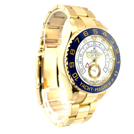 Rolex Yacht-Master II Gelbgold 116688 mit blau-weißer Lünette und 18 kt Gelbgold Oyster Armband, Seitenansicht.