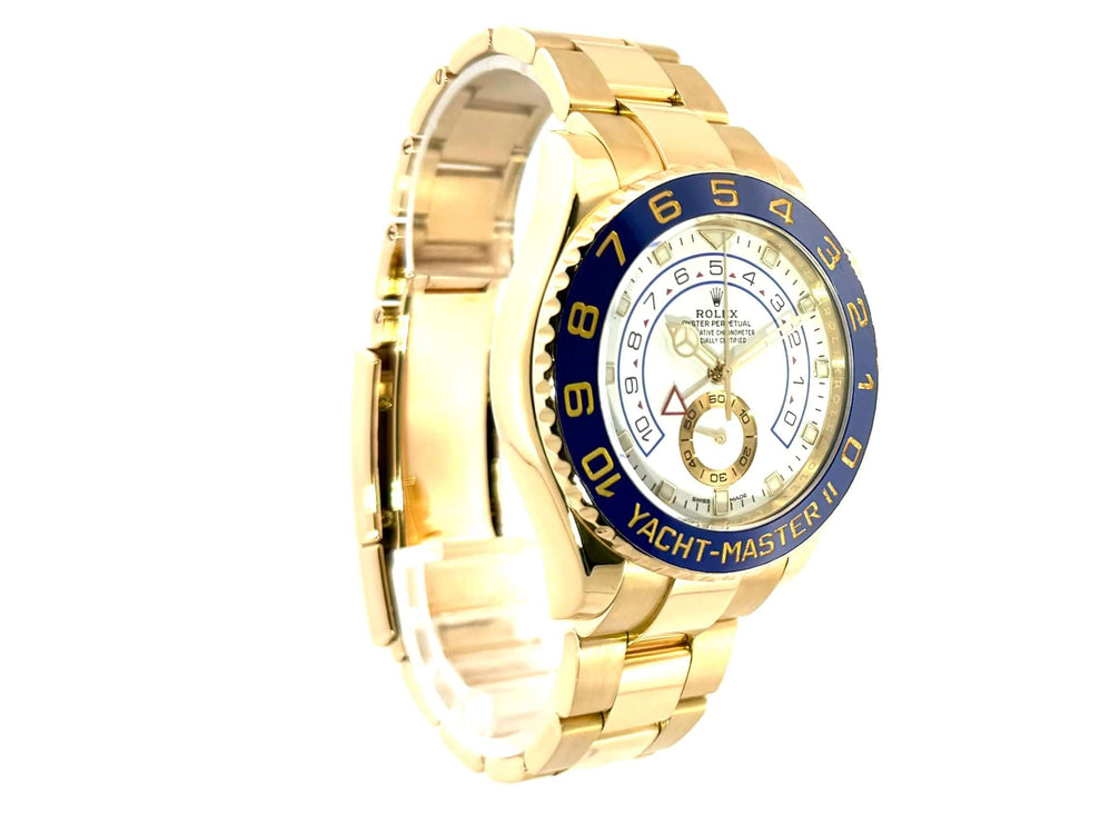 Rolex Yacht-Master II Gelbgold 116688 mit blau-weißer Lünette und 18 kt Gelbgold Oyster Armband, Seitenansicht.