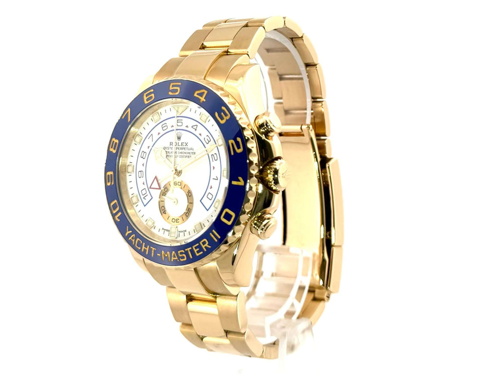 Rolex Yacht-Master II Gelbgold 116688, 44 mm Gehäuse, blaue Keramik Lünette, weißes Zifferblatt, Oyster Armband aus 18 kt Gelbgold