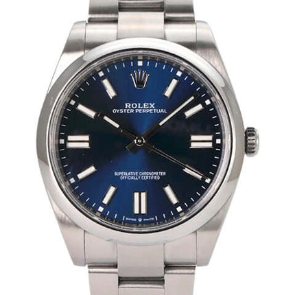 Rolex Oyster Perpetual 41 Ref. 124300 mit blauem Zifferblatt, Edelstahlgehäuse und -band, Automatik, sehr guter Zustand, Komplettset.