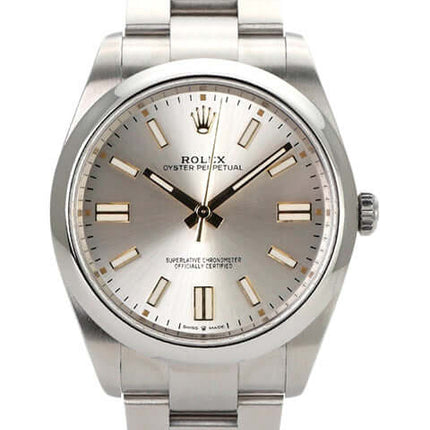 Rolex Oyster Perpetual 41 Ref. 124300 mit silberfarbenem Zifferblatt und Edelstahlband, sehr guter Zustand, 2022.