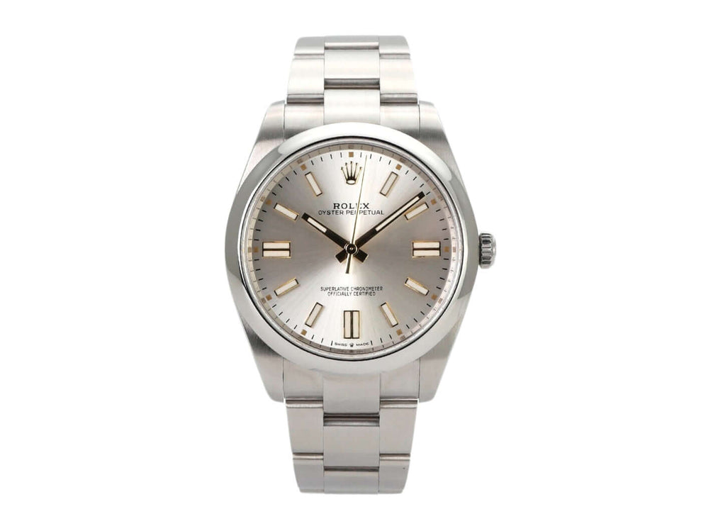 Rolex Oyster Perpetual 41 Ref. 124300 mit silbernem Zifferblatt und Edelstahlband, 2022, sehr guter Zustand.