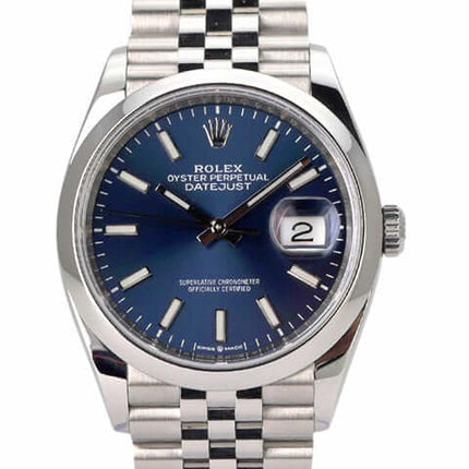 Rolex Datejust 36 Oystersteel 126200 mit blauem Zifferblatt und Jubilé-Band, Edelstahl, Automatik-Chronometer-Uhr.