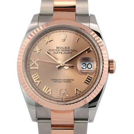 Rolex Datejust 36 Oystersteel Everose-Gold 126231 Uhr mit rosafarbenem Diamantzifferblatt und römischen Ziffern aus 2022.