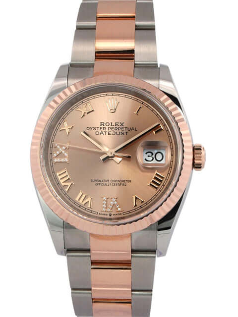 Rolex Datejust 36 Oystersteel Everose-Gold 126231 Uhr mit rosafarbenem Diamantzifferblatt und römischen Ziffern aus 2022.