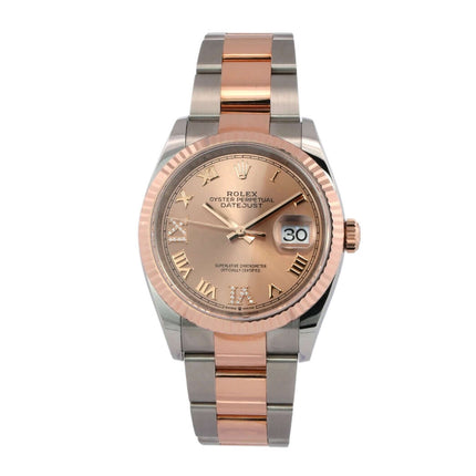 Rolex Datejust 36 Oystersteel Everose-Gold 126231 mit rosa Diamantzifferblatt und römischen Ziffern aus 2022.