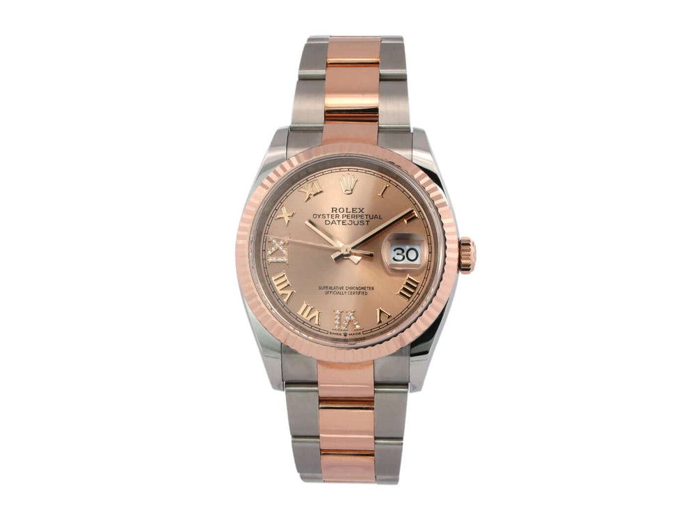 Rolex Datejust 36 Oystersteel Everose-Gold 126231 mit rosa Diamantzifferblatt und römischen Ziffern aus 2022.