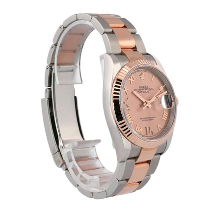 Rolex Datejust 36 Oystersteel Everose-Gold 126231, Edelstahl, Everose-Goldgehäuse, roséfarbenes Zifferblatt, römische Zahlen, Diamantindizes.