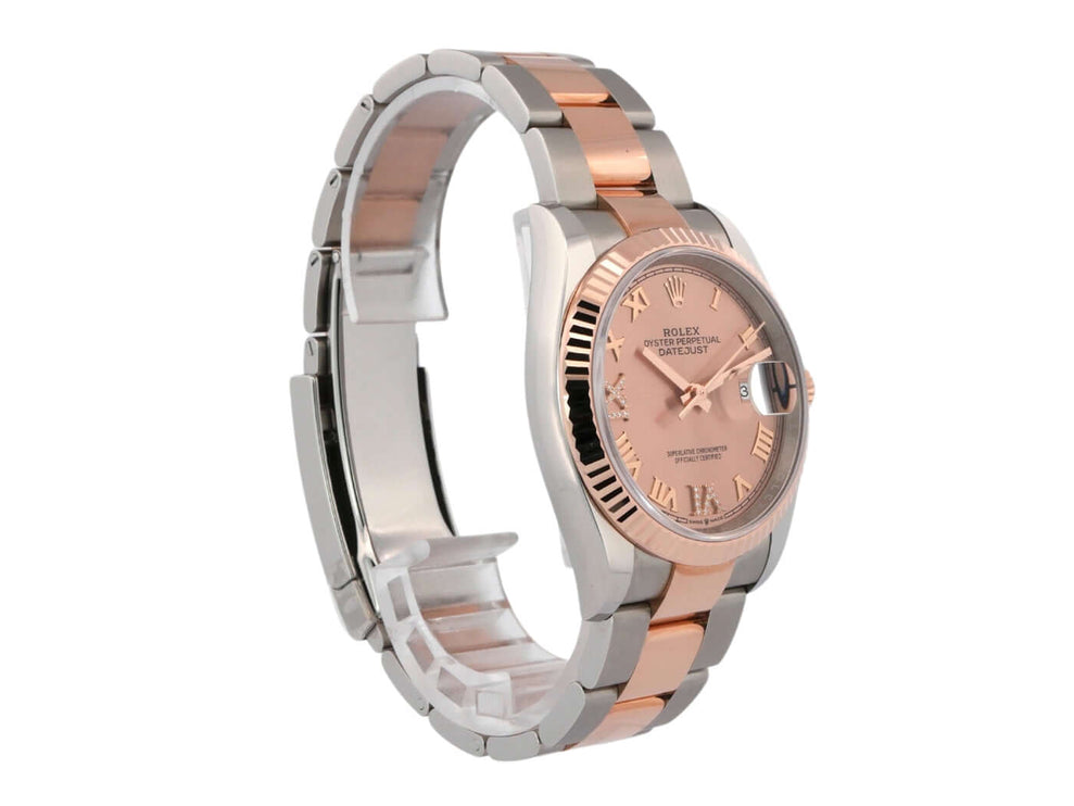 Rolex Datejust 36 Oystersteel Everose-Gold 126231, Edelstahl, Everose-Goldgehäuse, roséfarbenes Zifferblatt, römische Zahlen, Diamantindizes.