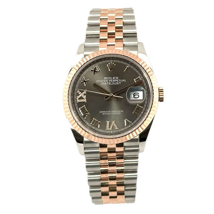 Rolex Datejust 36 Ref. 126231 mit rhodiniertem Zifferblatt, Diamant-Römische Ziffern und Jubile-Band aus Edelstahl und Everose-Gold.