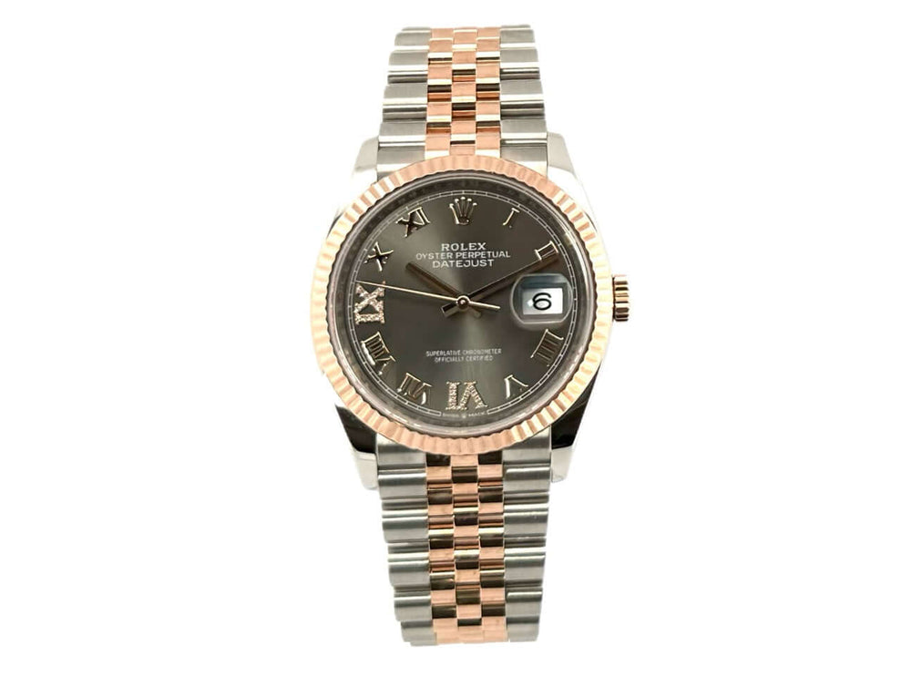 Rolex Datejust 36 Ref. 126231 mit rhodiniertem Zifferblatt, Diamant-Römische Ziffern und Jubile-Band aus Edelstahl und Everose-Gold.