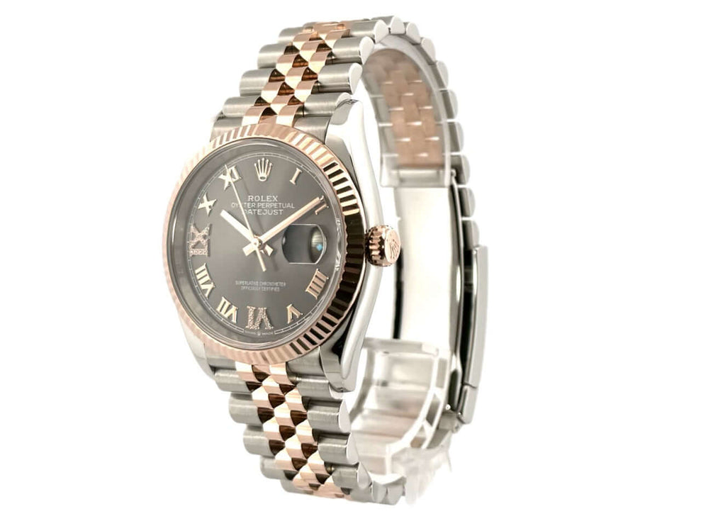 Rolex Datejust 36 Ref. 126231 Uhr mit Rhodium-Zifferblatt, römischen Ziffern und Jubile-Armband aus Edelstahl und Everose-Gold