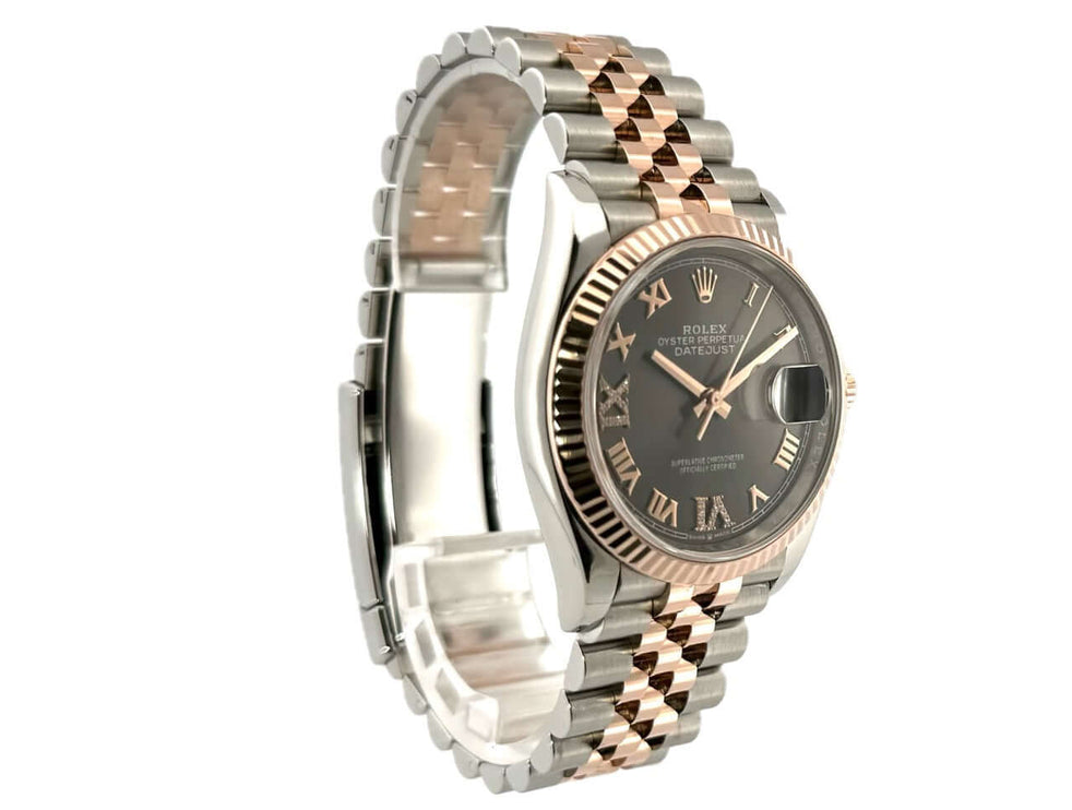 Rolex Datejust 36 Ref. 126231 in Edelstahl und Everose-Gold mit rhodiumfarbenem Zifferblatt, Diamanten und römischen Ziffern