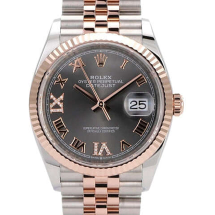 Rolex Datejust 36 Ref. 126231 mit rhodium Zifferblatt, römischen Ziffern und Jubile-Armband aus Edelstahl und Everose-Gold.