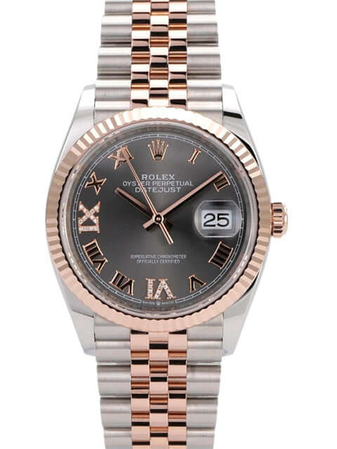 Rolex Datejust 36 Ref. 126231 mit rhodium Zifferblatt, römischen Ziffern und Jubile-Armband aus Edelstahl und Everose-Gold.