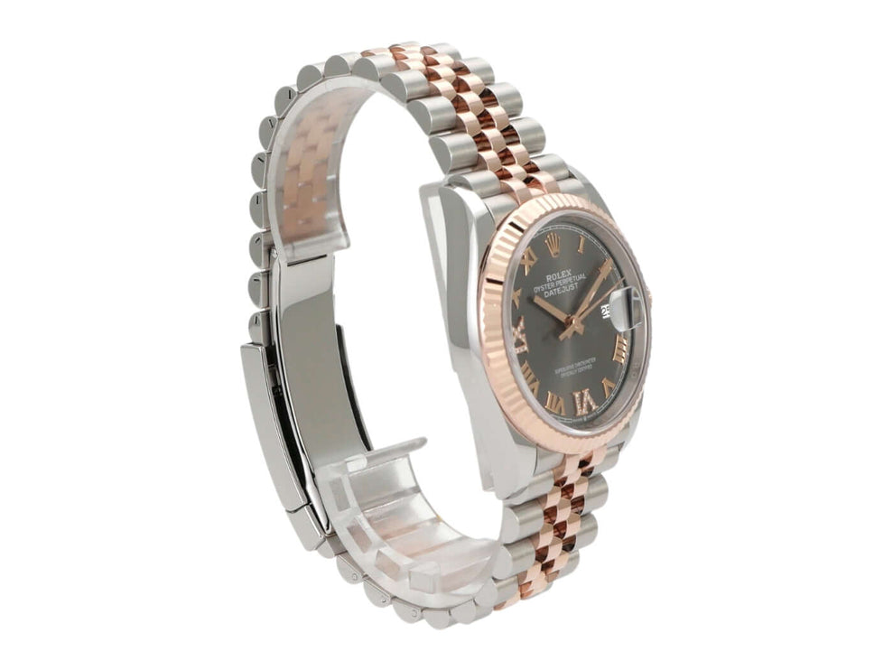 Rolex Datejust 36 Ref. 126231 mit rhodiniertem Zifferblatt und Jubile-Armband aus Edelstahl/Everose-Gold.