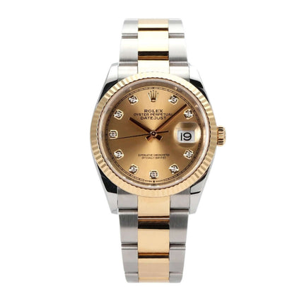 Rolex Datejust 36 Uhr, Oystersteel und Gelbgold, champagnerfarbenes Zifferblatt mit Diamanten, Modell 126233.