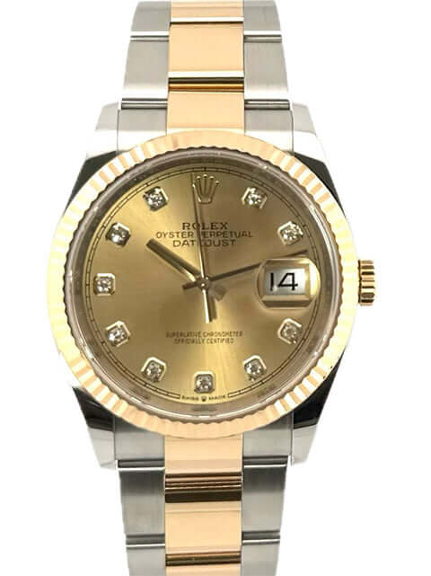 Rolex Datejust 36 Edelstahl und Gelbgold Ref. 126233 mit champagnerfarbenem Diamantzifferblatt und Oyster Armband