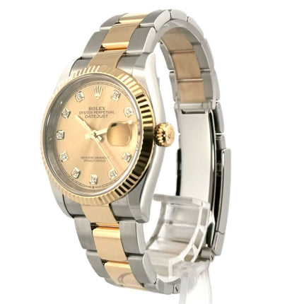 Rolex Datejust 36 Oystersteel/Gelbgold 126233 mit champagnerfarbenem Diamantzifferblatt und Oyster-Armband, 36 mm Gehäusedurchmesser.