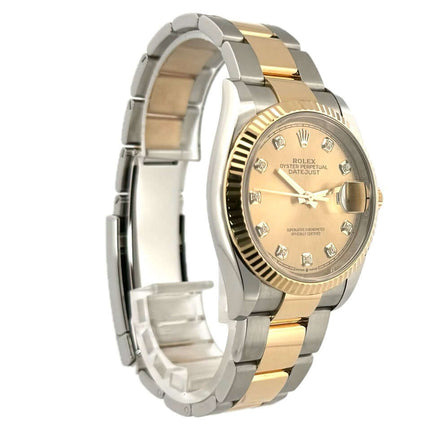 Rolex Datejust 36 Edelstahl Gelbgold 126233 Champagner Diamant Zifferblatt, Oyster Armband, geriffelte Lünette, luxuriöse Herrenuhr.