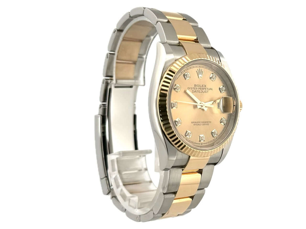 Rolex Datejust 36 Edelstahl Gelbgold 126233 Champagner Diamant Zifferblatt, Oyster Armband, geriffelte Lünette, luxuriöse Herrenuhr.