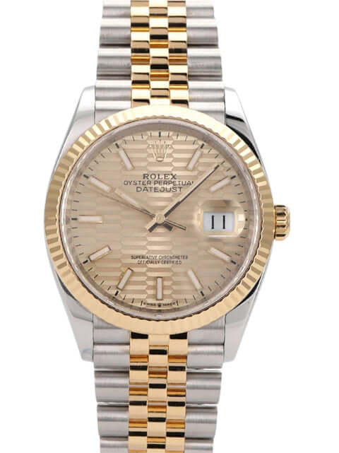 Rolex Datejust 36 in Oystersteel und Gelbgold mit Jubile-Armband und goldenem Riffelmuster Zifferblatt.