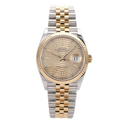 Rolex Datejust 36 in Oystersteel und Gelbgold mit goldenem Riffelmuster Zifferblatt und Jubilé Armband.