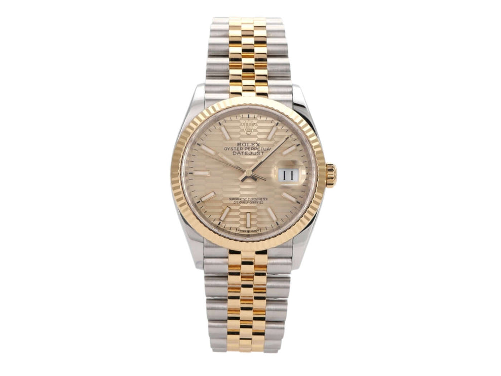 Rolex Datejust 36 in Oystersteel und Gelbgold mit goldenem Riffelmuster Zifferblatt und Jubilé Armband.