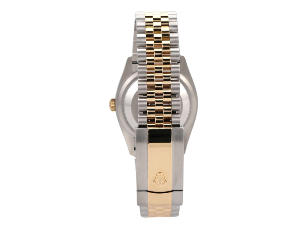 Rolex Datejust 36 aus Oystersteel und Gelbgold mit Jubilé-Armband und goldfarbenem Riffelmuster.